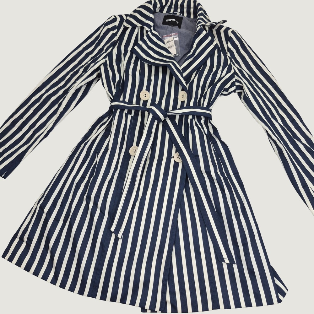 Express Womens Navy Blue White Striped Double Breasted Trench Coat Belted Large